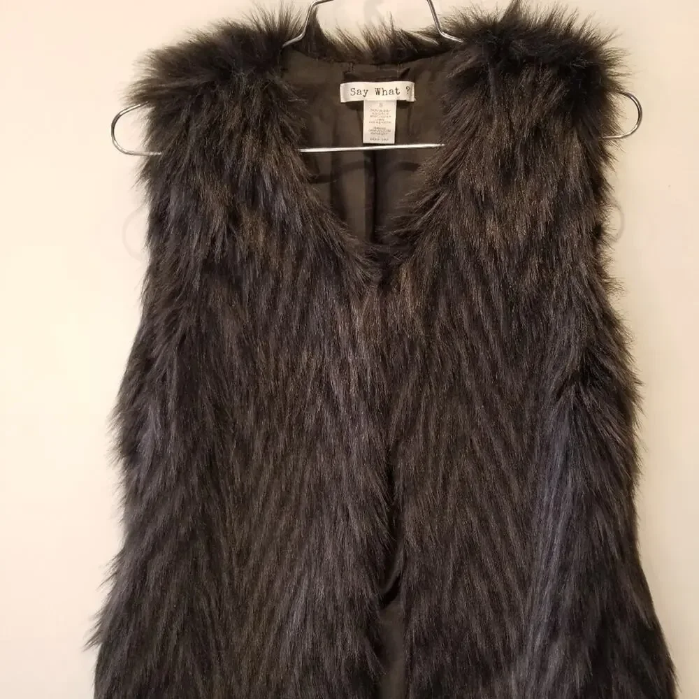 Say What? Black Faux Fur Fitted Vest Lined inside Sleeveless Women's Size‎ S